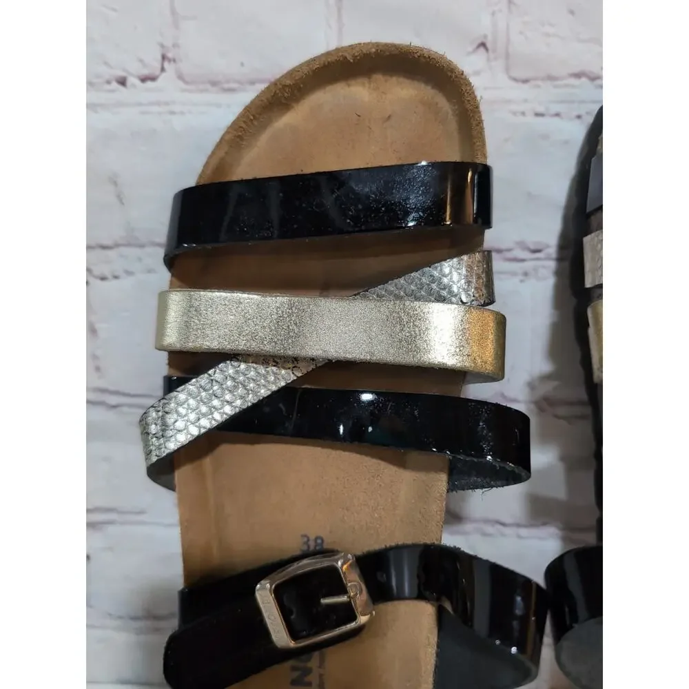 Sanosan Black Patent Metallic Leather Straps Soft Footbed Cork Wedge Sandals 38